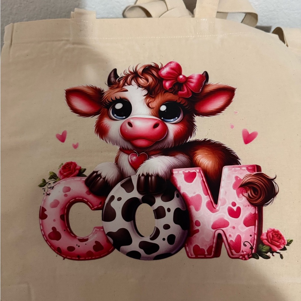 Cute Cow Print Cream Tote Bag with Pink Accents